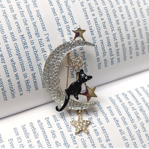 Vintage Jewelry - Unique Whimsical Black Cat Gold Star Sitting on Moon Brooch Pin